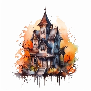 watercolor style, spooky halloween haunted house clipart, haunted house decorated in Halloween style decor, isolated on white background, 4K