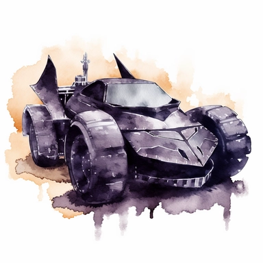watercolor clipart, cartoon, Batmans batmobile from the dark knight films, in black
