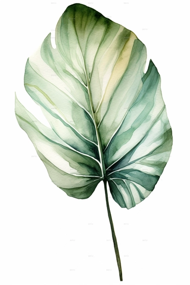 Aquarelle painting of a elephant ear leave, green pastel, white background, Clipart,