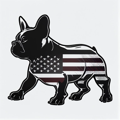 An iconic symbol of patriotism, this artwork depicts the American flag with a French Bulldog silhouette in a round graphic style. The mood is patriotic and grungy, with a sense of pride and appreciation for the United States. T-shirt design graphic, black silhouette, coloring page for adults, flat vector logo, line art, clipart, white background