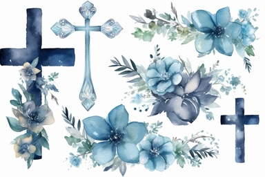 watercolor cross clipart, blue color, with flowers, hd, on white background, spaced out