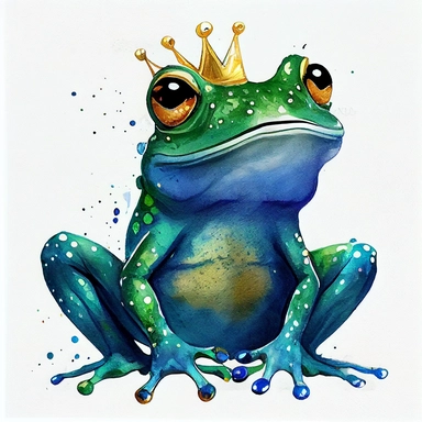funny green emerald-blue with gold shine color, magic very happy royal frog with funny dots, cartoon style, white background, black outside lines, designs, white background, watercolor pencil drawing, small details, digital art, clipart, super acurate, –testp, pixar,