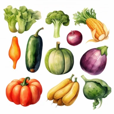 watercolor, Fresh organic vegetables set. Natural healthy food products. Different veggies, pumpkin, pepper, broccoli, carrot. Vegan agriculture harvest. png Full body realistic cartoon in 32K UHD cute. 15 cm thick outline. Black color. There was no shadow on the ground. 8k with realistic watercolors and detailed illustrations. PNG clipart, transparent white background