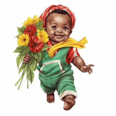 Happy baby juneteenth boy with red, green, yellow cloths and flower, full body, hand draw Illustration clipart, 4K, extremely detailed