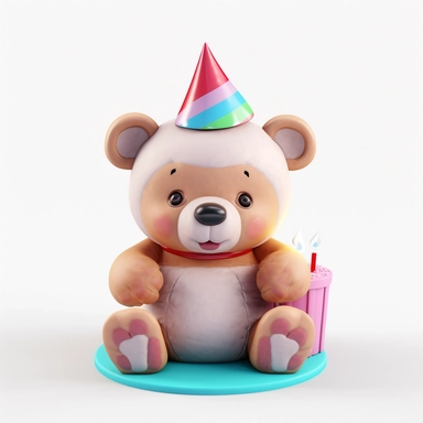 Birthday teddy bear clipart, chubby, happy smiling, fluffy, with Birthday hat, and cake, 3d style, 8k, high resolution