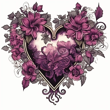 clipart Design a digital illustration set of beautiful Floral Heart Clipart, reminiscent of fancy Valentine illustrations. The illustrations should showcase the intricate beauty of a heart, adorned with dark and mysterious flowers. The style should capture the essence of Gothic art, with a touch of romanticism. The colors should be rich and deep, using a palette of deep reds, purples, and whites to create a moody atmosphere. The resolution of each illustration should be high, at 2000x2000 pixels