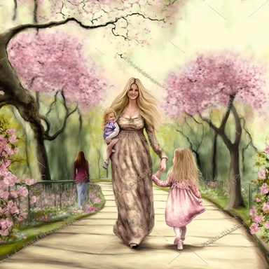 beautiful young pregnant mother with long blonde hair, toddler daughter with long hair holding hands walking in park, flowering trees, path lined with benches, highly detailed, realistic, fantasy, ethereal, soft colors, sharp focus, clipart style, fix dress