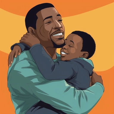 Father's Day Hug: Illustrate a heartwarming clip art image of a black dad receiving a tight hug from his male child or children. This clip art can represent the love, gratitude, and affection that children have for their fathers on Father's Day.