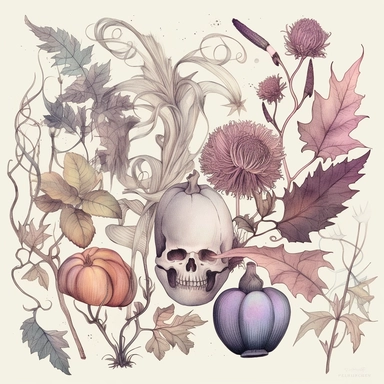 Pastel spooky witches herbs and botanicals clipart image, in the style of mystic mechanisms, subtle pastel tones, pencil art illustrations, soft pastel tones, reimagined by industrial light and magic, litho printing, illusory images, watercolor clipart