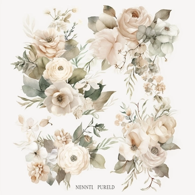 Create a collection of exquisitely detailed watercolor floral clipart, featuring neutral-toned flowers and premade bouquets. The flowers should showcase a range of neutral hues, including soft whites, creams, beiges, and subtle blush tones. Incorporate a variety of floral elements such as roses, peonies, hydrangeas, and other delicate blooms, each with intricate petal details and realistic textures. Design premade bouquets that effortlessly combine these neutral florals into elegant arrangements