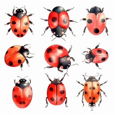 very simple watercolour childrens book style drawing of different isolated cute ladybugs, soft on white background for clipart, 8k