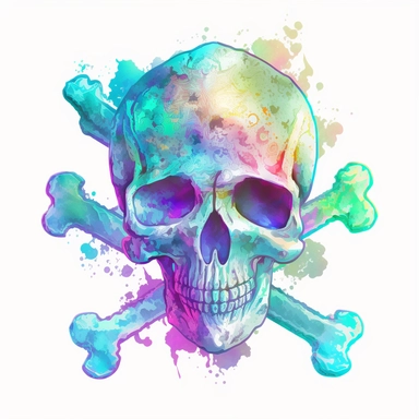 watercolor clipart. holographic skull and crossbones.