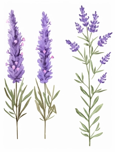 watercolor clipart set with white background, cute lavender flowers, adorable, flat design, clearly defined with separated images, high quality