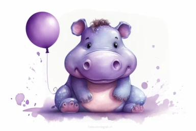 Cute carton little hippo with purple balloon, white background , in the style clipart, digital airbrushing, high resolution, children's book illustration,