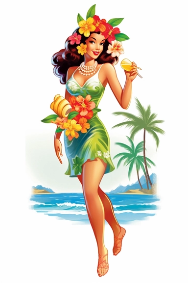 hawaiian woman on beach, retro cartoon, drawing clipart, Tropical Sublimation, Coconut Girl, Hibiscus, white background