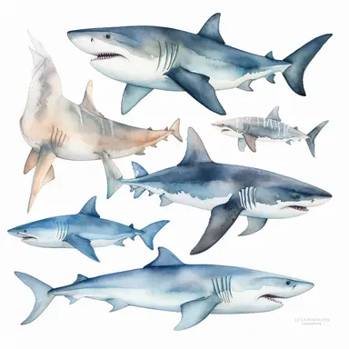 watercolor, Sharks - Sharks come in many different species and sizes, but they are all characterized by their sharp teeth, streamlined bodies, and powerful fins. Some of the most recognizable species include the great white shark and the hammerhead shark. commission for, vividly bold designs png Full body realistic cartoon in 32K UHD cute. 15 cm thick outline. Black color. There was no shadow on the ground. 8k with realistic watercolors and detailed illustrations. PNG clipart, transparent white 