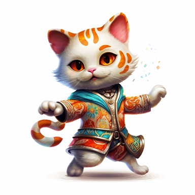Funny dancing cat clipart on a white background, chibi and real style, masterpiece, realistic photography, colorful background, detailed, intricate details, rich colors, realistic style