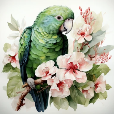 hyperrealistic ultra detailed watercolor clipart, green parrot with jungle flowers, white background, in the style of digital print, clipart, illustration, sticker, ultra high definition, rich details, 32K, HD