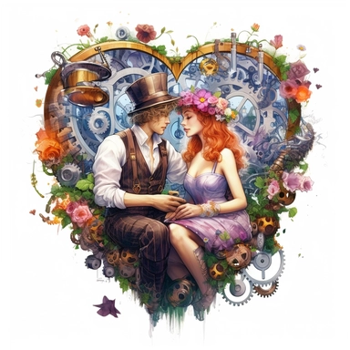 heart shape, Steampunk lovers enjoying a romantic picnic in a lush, gear-filled garden, surrounded by whimsical steampunk contraptions and colorful flowers, their blissful expressions captured with ultra high quality, Unreal Engine cinematic smooth, hyper-realistic, retro-futurism, watercolor clipart, white background