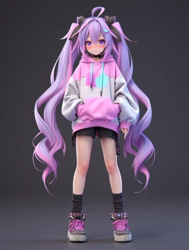 3d anime style, 3d, 3d model, 3d anime model, anime girl, long purple ponytails with blue highlights, dark pink eyes, blushing, oversized grey hoodie, hair clips, thigh highs, stockings, pearl necklace, purple hair, dark pink eyes, pink eyes, shorts, pastel, cute, small, chibi, chibi girl