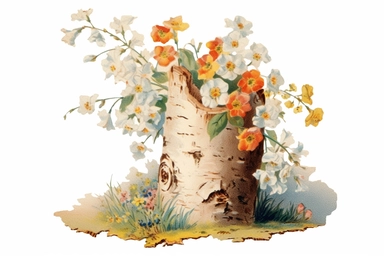 Vintage 1920 detailed Birch Tree Trunk With Flowers Illustration, Chromolithograph, Die Cut, 1920s Illustration, Vintage, Chromolithograph, Colorful, Antique, Ephemera, Clipart, 8k, Isolated on white