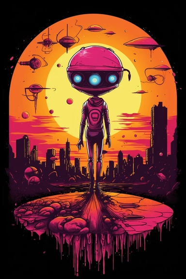 Artwork for t shirt graphic of majestic vibrant color magnificent funny cyberpunk Alien with planets and solarsystem in the Back, starting Rocket from the ground, in a pencil drawing style, A vibrant featuring a sun setting over a futuristic City, with a soft pink sky and a hint of orange in the horizon white background, colorful shades, Centered, highly detailed clean, vector image flat white background, isometric, vector image, clipart, front view, retro style, white background, colorful shade