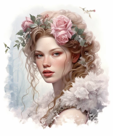 isolated on white illustration watercolor art of a portrait of beautiful feminine princess, overgrown with white and light pink roses and flowers, covered with snow and ice, a lot of moss and branches, lace and embroidery, trees, masterpiece by Tom Bagshaw style and by Hans Zatzka style and by James C. Christensen style and by Alexander Jansson style, Baroque fashion, PNG clipart, isolated on white, white background, extreme photorealistic details, 32k HD resolution, realistic high detailization