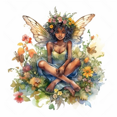 black skinned fairy with wings, friendly face, sitting in wild flowers, very detailed, award-winning illustration, watercolor, fairytale, white background, clipart