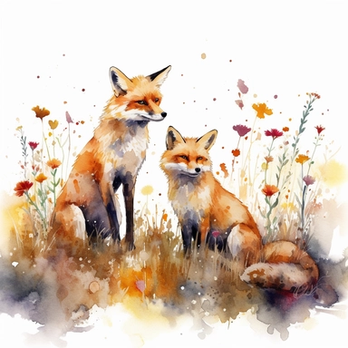 Foxes clipart white background Watercolor: In this dreamy watercolor painting, two foxes stand amidst a field of wildflowers, their fur blending seamlessly with the surrounding hues of yellow, orange, and brown. The brushstrokes are loose and free-flowing, creating a sense of movement and playfulness. The color temperature is warm and inviting, with a slight wash of pink and purple in the sky. The lighting is soft and diffused, casting a warm glow over the entire scene.
