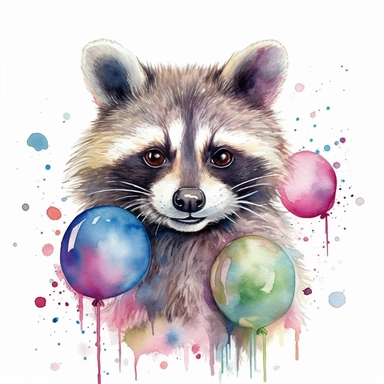 please create watercolor clipart of a raccoon smiling, wearing party BALOONS AND GUM and bubbles, colorful, WHITE BACKGROUND