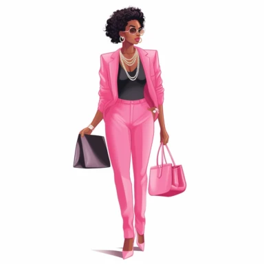 Professional black woman pink pants suit, facing camera, very fashionable, happy, confident, carrying small designer handbag, wearing high heels and bold jewelry. Illustration style, clip art