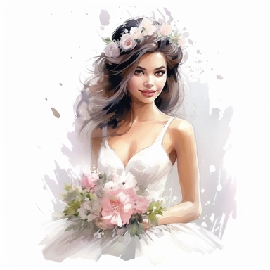 beautiful watercolor fun, happy and cute photorealistic stylish, smiling dark hair bride in white wedding dress and tiara beautiful, whole body, decorated in big pastel and light colors flowers in the style of aquarelist, wedding illustrations award winner, wedding clipart, 8k, white background, intricate details illustrations very detailed, uhd exquisite clothing detail, rimel neffati