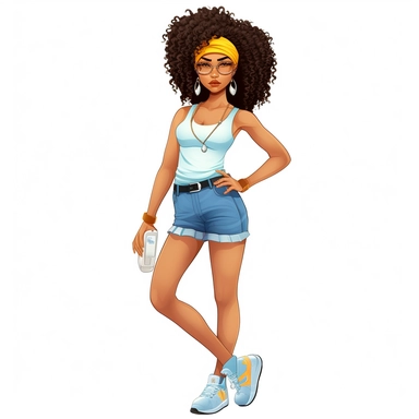 full body clipart black woman tank top and blue jean shorts big curly shiny afro with head band gold earrings hands on her hips white converse tennis shoes