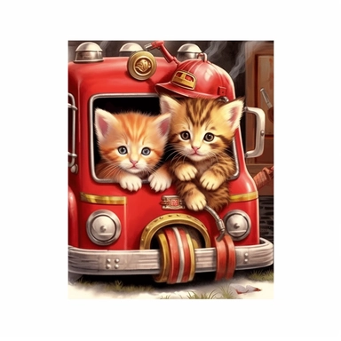 Nestled inside and out of a fireman boot, outside the big doors of a fire out, a pair of adorable, fluffy kittens romp, fire engine clipart