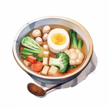 Lontong Sayur (Rice Cake with Vegetables in Coconut Soup) logo watercolor,simple Watercolor, hyper realistic, white background, white margins, 16k, ultra detailed clipart, cut out image, hand - drawn, whimsical manhwa style, ultra HD, sharp and clean art