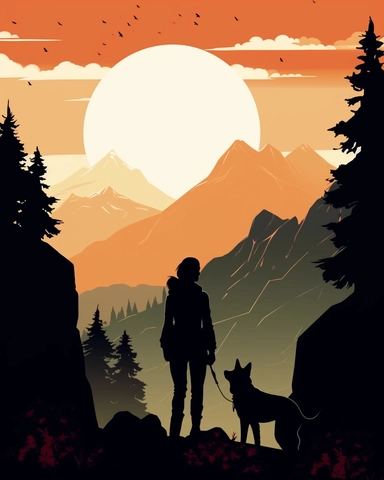 clipart element, simple, flat colors, vector, woman and husky dog silhoutte in front of mountain, sunrise, journey,