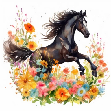 a watercolor dark black horse with a white star on its head running through a meadow of bright colored flowers clipart