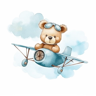 a cute adorable toy teddy bear boy, flying a cute airplane, clouds behind, kawaii simple watercolor clipart, white background white background