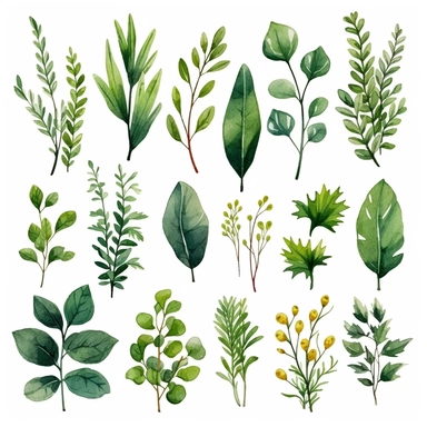 watercolor, Collection of greenery leaf plant forest herbs tropical leaves spring flora in watercolor style. Vector botanical decorative illustration for wedding invitation card png Full body realistic cartoon in 32K UHD cute. 15 cm thick outline. Black color. There was no shadow on the ground. 8k with realistic watercolors and detailed illustrations. PNG clipart, transparent white background