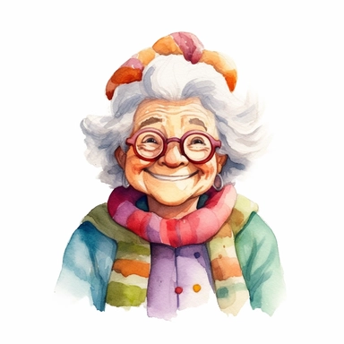 a watercolor clipart image with a white background, featuring a cute sweet extremely happy cartoon grandma