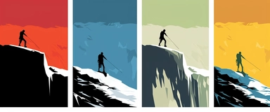 Envision a quartet of vignettes capturing iconic Norwegian sights in a clipart style with an abstract touch. The first image depicts a series of Nordic skiers, their movement elegantly simplified into flowing, streamlined shapes. The second features the Trolltunga rock formation, its dramatic overhang abstracted into a bold, angular form. The third vignette is a stylized representation of a Viking ship, the intricate carvings and iconic dragon head simplified into a series of shapes and patterns