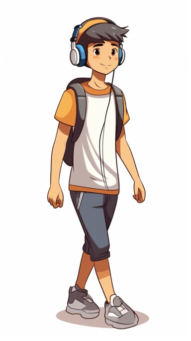Side standing posture of an animated boy standing wearing t shirt character design, wearing headphones on your head, full body, drawing a face in maximum quality, high-quality drawing of the face, clipart, full illustration, 4k, sharp focus, smooth, soft skin, symmetrical, detailed face, concept art, style fairy tales, chibi kawai, Octane rendering, 3d, perfect face, detailed face, delicate face, perfect sharp lips, detailed eyes.