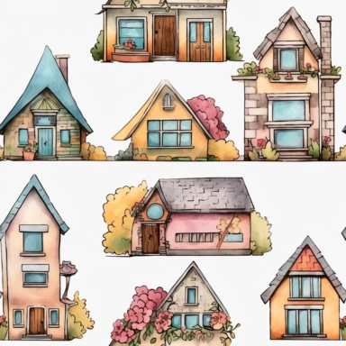 Draw a watercolor-style clip art images that feature objects related to an aesthetic adorned with floral designs. The images should have aesthetic, and should incorporate elements such as big houses and small houses, clipart style, vector, logo, cute, golden, purple, teal, pink, lite blue, picture book style, children's lesson book, captivating, kid friendly cute character, black and white, coloring book style, cartoon style, vector image, simple, line art style, character, white background ipat