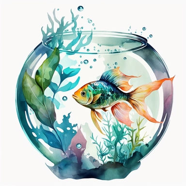 Watercolor fish inside aquarium, clipart, white background, no text