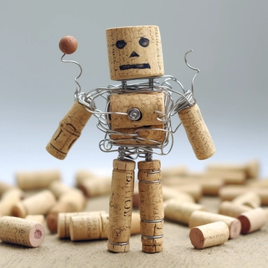 raw minimalist African toy made of corks, capsules, paper clips, wire, rubber bands, tickets, cardboard, cans, sticks, toothpicks, nuts, springs