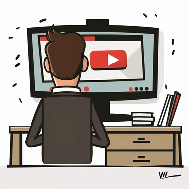 create a clipart for a presentation showing employee watching youtube video instead of working. Papers are pilled up on his desk. View from behind. On the monitor the youtube logo is clearly visable