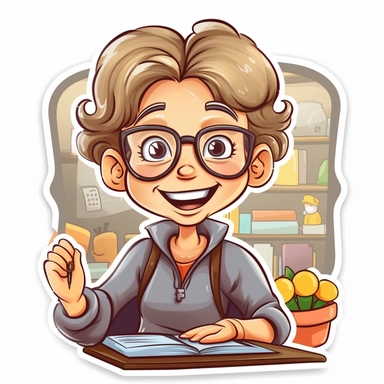 cartoon clip art of smiling female teacher at the front of the classroom, sticker