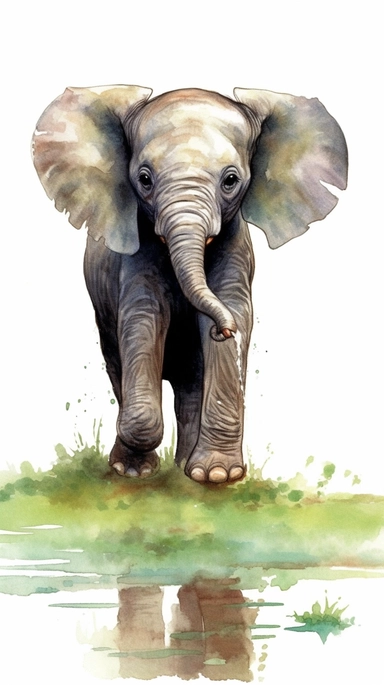 worlds cutest, adorable, realistic, life like image of a baby elephant with his trunk raised in the air and standing in a green grassy field and pond, watercolor clip art, white background ,artist rendition, sharp focus, extreme detail,