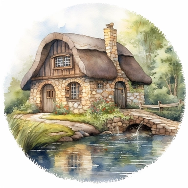watercolor clipart artwork showcasing the beauty of an ancient medieval cottage surrounded by nature's tranquility. The cottage, situated alongside a calm and meandering river, features a charming waterwheel that turns gracefully, adding a touch of whimsy to the scene. The artist's meticulous attention to detail brings the rustic cottage to life, with textured stone walls, a thatched roof, and vibrant vegetation. Against a pure white background, the watercolor medium creates a soft and dreamy at