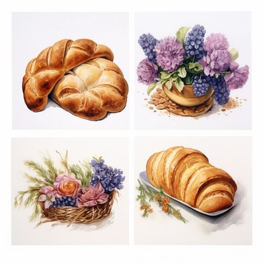 4 watercolor cliparts of neoclassical delicious bread with flowers integrated on it, yaka art, Hyperrealistic still life, aurorapunk, 1990s, appropriation artist, hellenistic art